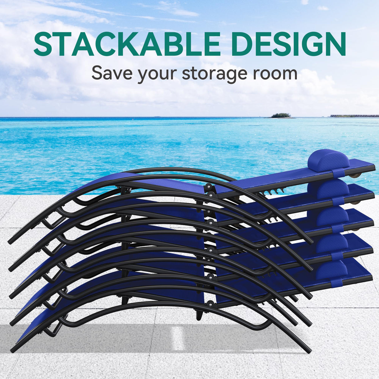 YITAHOME Outdoor Chaise Lounge Chair Set of 3, Pool Lounge Chairs with Side Table & 5-Position Adjustable Backrest, Sunbathing Recliner for Poolside, Backyard, Lawn, Deck - Navy YITAHOME