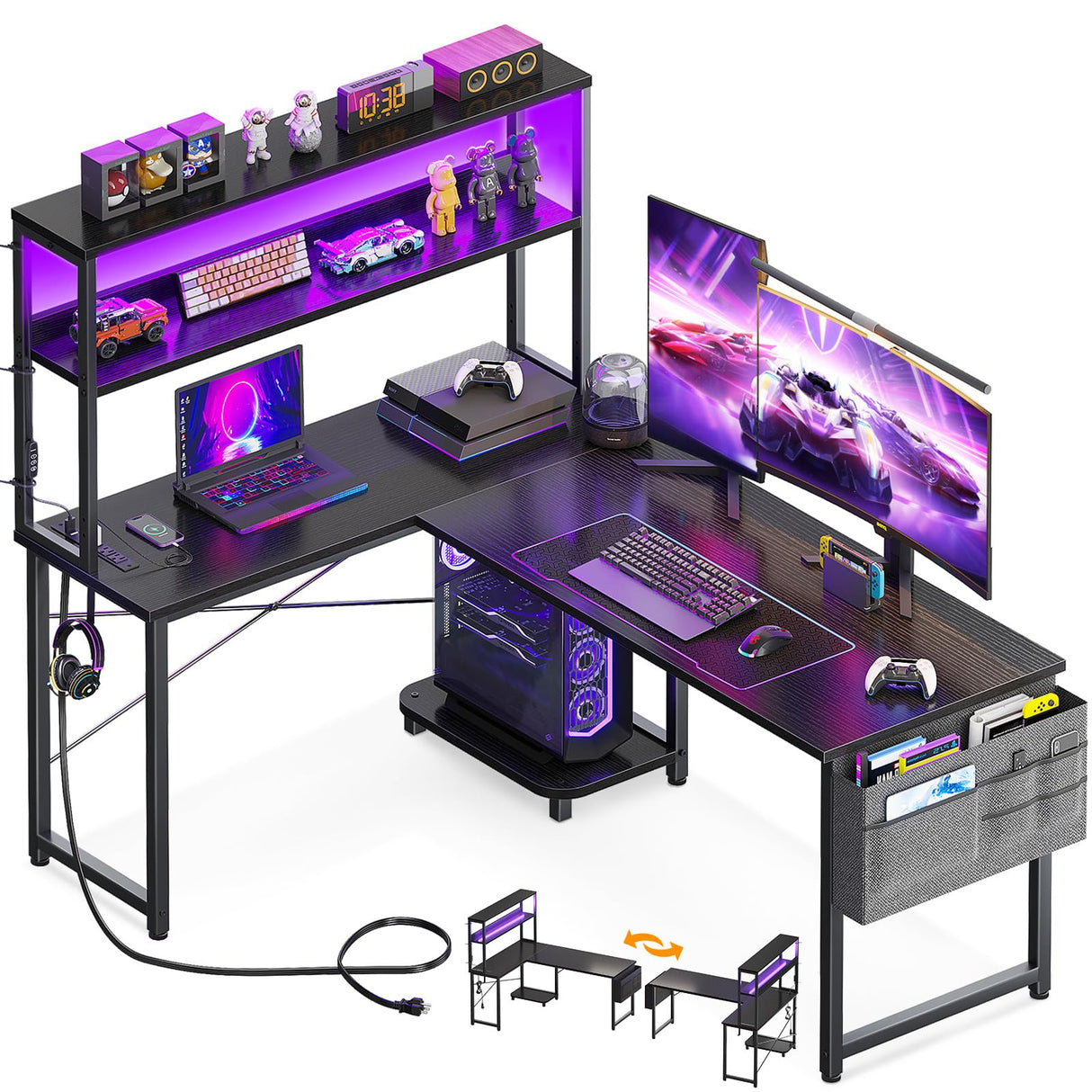 AODK L Shaped Desk Gaming Desk with LED Light & Power Outlet, 53 Inch Reversible L Shaped Computer Desk with Shelf, Corner Desk with Storage Bag&Hook for Home Office Desk, Black AODK