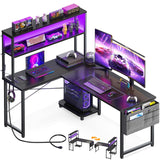 AODK L Shaped Desk Gaming Desk with LED Light & Power Outlet, 53 Inch Reversible L Shaped Computer Desk with Shelf, Corner Desk with Storage Bag&Hook for Home Office Desk, Black AODK