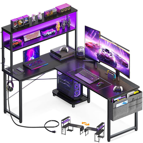 AODK L Shaped Desk Gaming Desk with LED Light & Power Outlet, 53 Inch Reversible L Shaped Computer Desk with Shelf, Corner Desk with Storage Bag&Hook for Home Office Desk, Black AODK