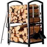 HOME IT Firewood Rack Indoor Outdoor - 2-Tier Firewood Holder with Fireplace Tools Set, Brush, Shovel, Poker, Tongs - Waterproof Steel Pipe Log Holder, Black Stove Wrought Iron - 17x12x29 HOME IT