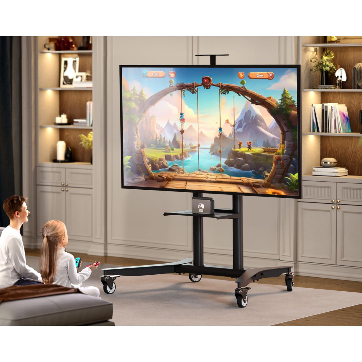 ONKRON Mobile TV Stand on Wheels for 55-90 Inch TV up to 198 lbs, Height Adjustable TV Stand Portable 200x200-800x600 VESA Mobile TV Cart Rolling TV Stand with Shelf/TV Movable Stand Black ONKRON