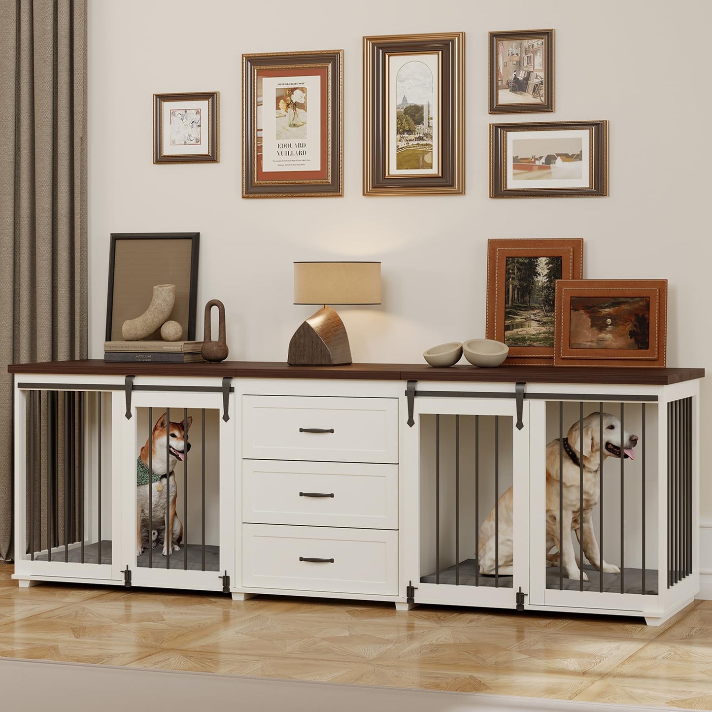 Dog Crate Furniture - Farmhouse Wooden Dog Kennel with Double Sliding Barn Doors & 3 Drawer, 95”x23”x32”H, White