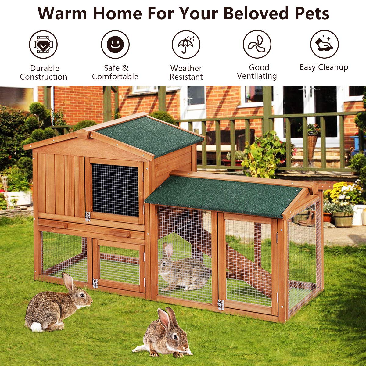 PETSJOY Rabbit Hutch, 58 Inches Outdoor Large Wooden Bunny Cage Chicken Coop with Ventilation Door, Removable Tray & Ramp PETSJOY