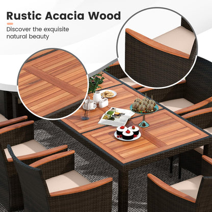 Tangkula 9 Piece Outdoor Dining Set, Patio Wicker Furniture Set with Acacia Wood Table Top w/Umbrella Hole, Rattan Dining Table Chairs Conversation Set Perfect for Outdoor and Indoor