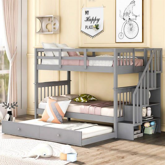 Stunning Gray Twin Over Twin Bunk Bed with Stairs and Trundle by Harper & Bright Designs - WoodArtSupply