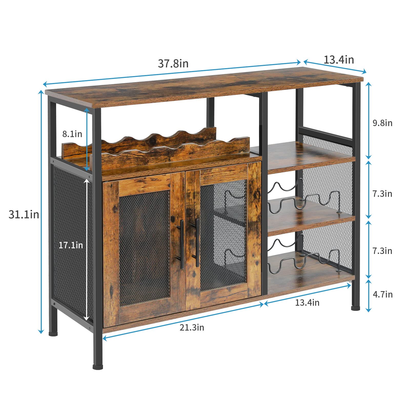 X-cosrack Wine Bar Rack Cabinet with Detachable Wine Rack, Coffee Bar Cabinet with Glass Holder, Small Sideboard and Buffet Cabinet with Mesh Door, Rustic Brown, Large - WoodArtSupply