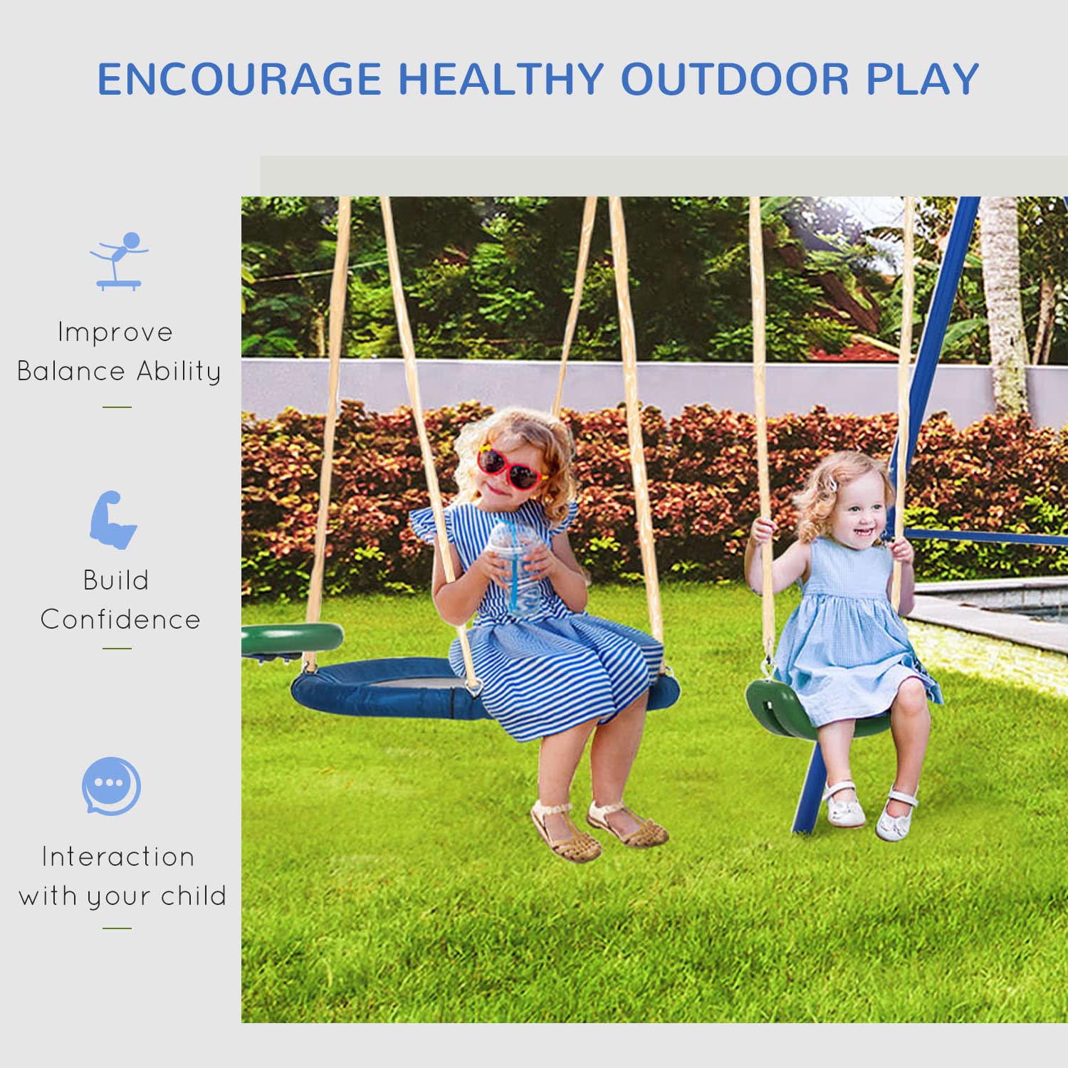 Outsunny 693 lbs Swing Set for Backyard, 5 in 1 Heavy-Duty A-Frame Stand Outdoor Playset for Kids, with Saucer Swing, Slide, Seesaw, Glider, Swing Seat - WoodArtSupply