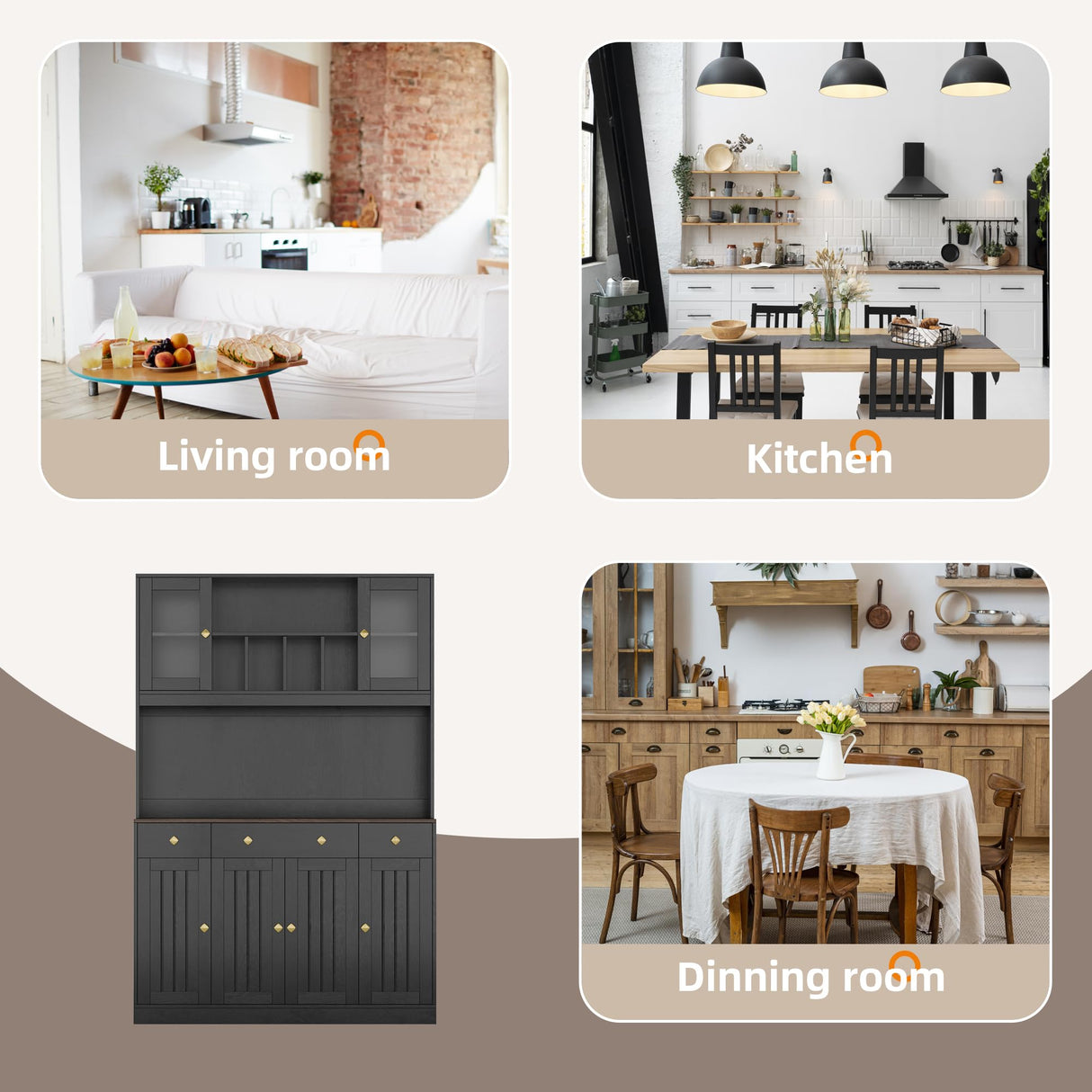 71" Tall 4-Door Kitchen Pantry Cabinet with Built-in Power Outlet- Freestanding Storage Hutch, Large Microwave Cabinet, Modern Farmhouse Design (Black) Oxirth