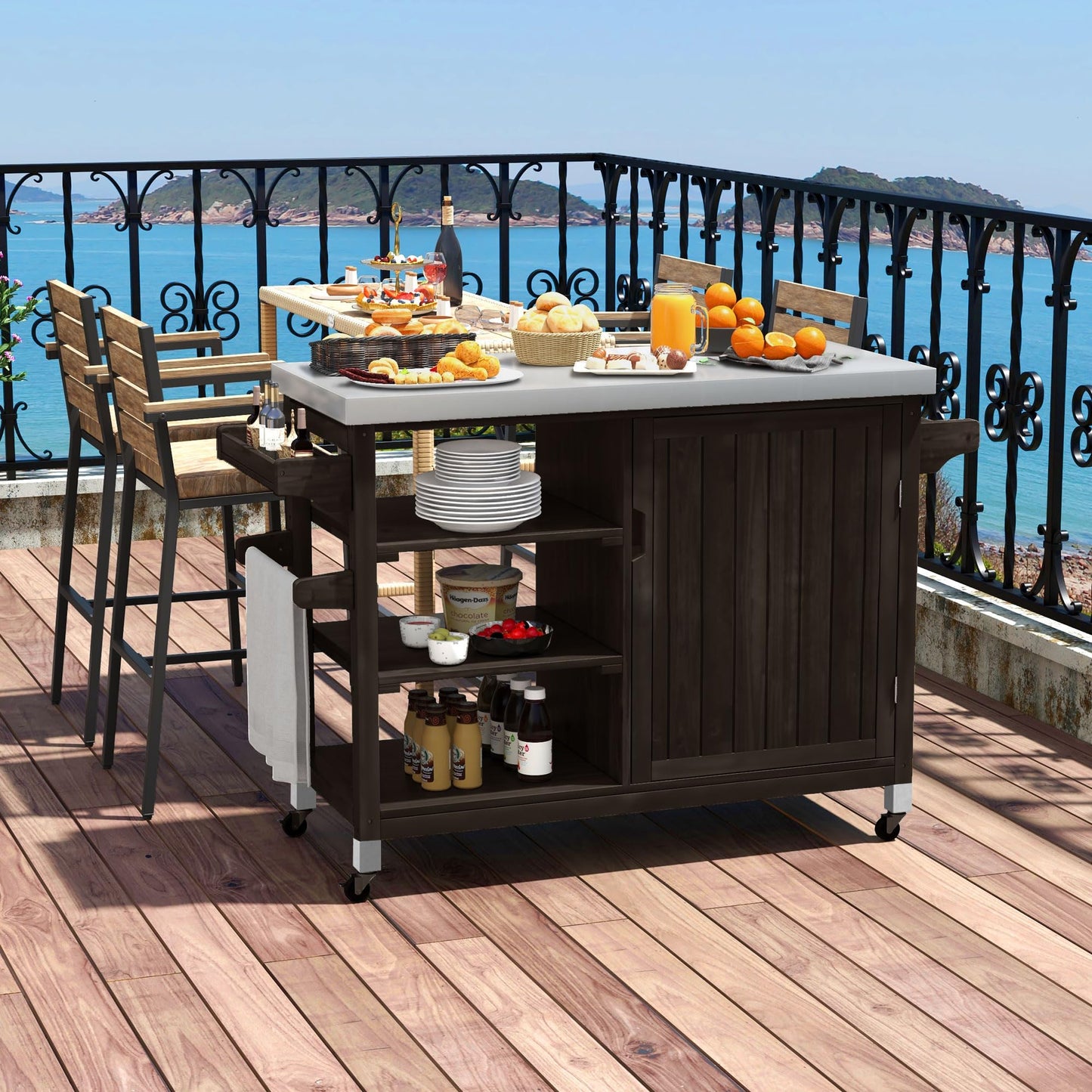 YITAHOME XL Solid Wood Outdoor Bar Table with Storage, Spice Racks, and Wheels - Versatile Portable Kitchen for Patio and Garden - WoodArtSupply