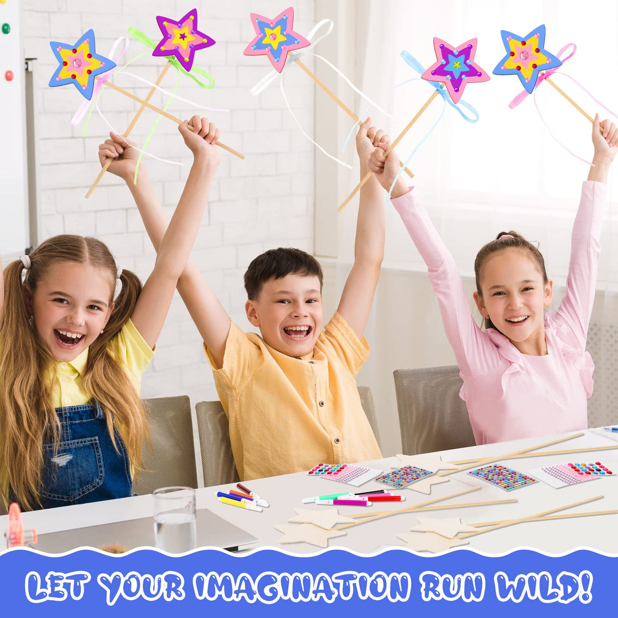 57 Pcs Star Princess Fairy Wands Kit Make Your Own Princess DIY Art Craft Magical Wand Include 18 Star Wooden Fairy 9 Gem Stickers 20 Ribbons 10 Markers Party Supply Chinco