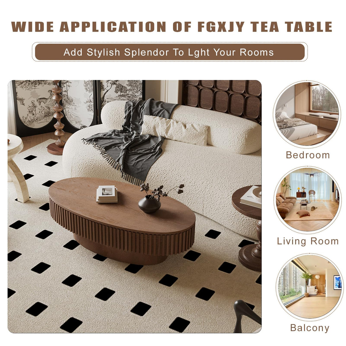 FGXJY Oval Coffee Table with Storage, Modern Walnut Coffee Table with Solid Wood Veneered, Fluted Center Table Wood Drum Tea Table for Living Room Apartment, 47.2''L×23.6''W×14.2''H FGXJY