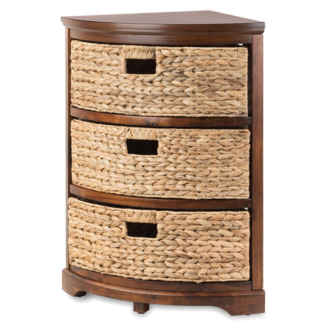 Hampton Meadows 3 Tier X-Side Corner Table Storage Cabinet with 3 Wicker Baskets, Walnut eHemco