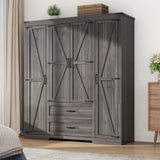 Hlivelood 4 Doors Wardrobe Armoire Closet with Doors and Drawers, Farmhouse Wooden Armoire Storage Cabinet with Shelves & Hanging Rod for Bedroom, Grey Hlivelood