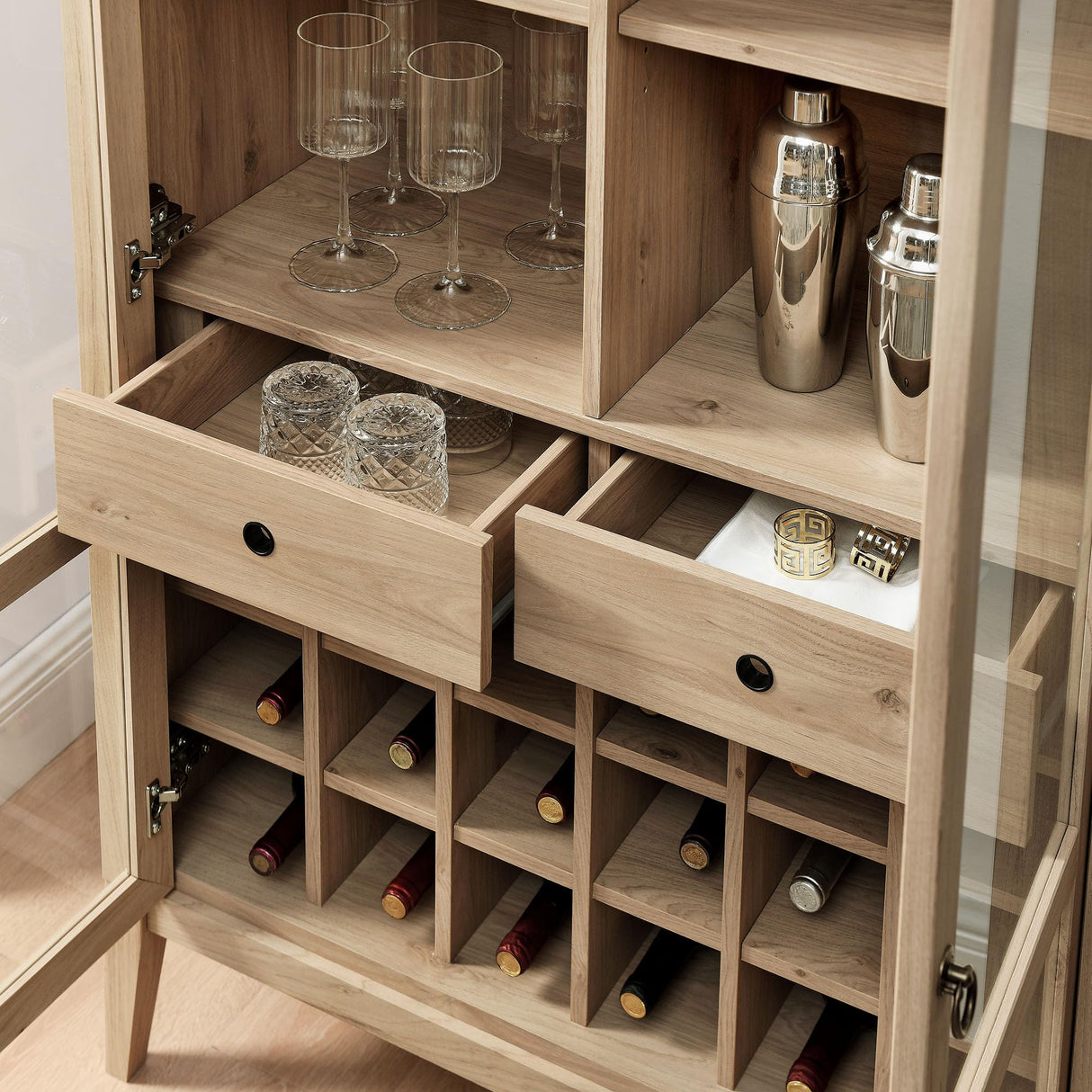 Modway Nolan Modern Farmhouse Arched Bar Cabinet in Light Oak Wood Grain - 72 Inch Tall Wine Storage Cabinet with Glass Doors and Wine Rack - Large Liquor Cabinet for Dining or Living Room Modway