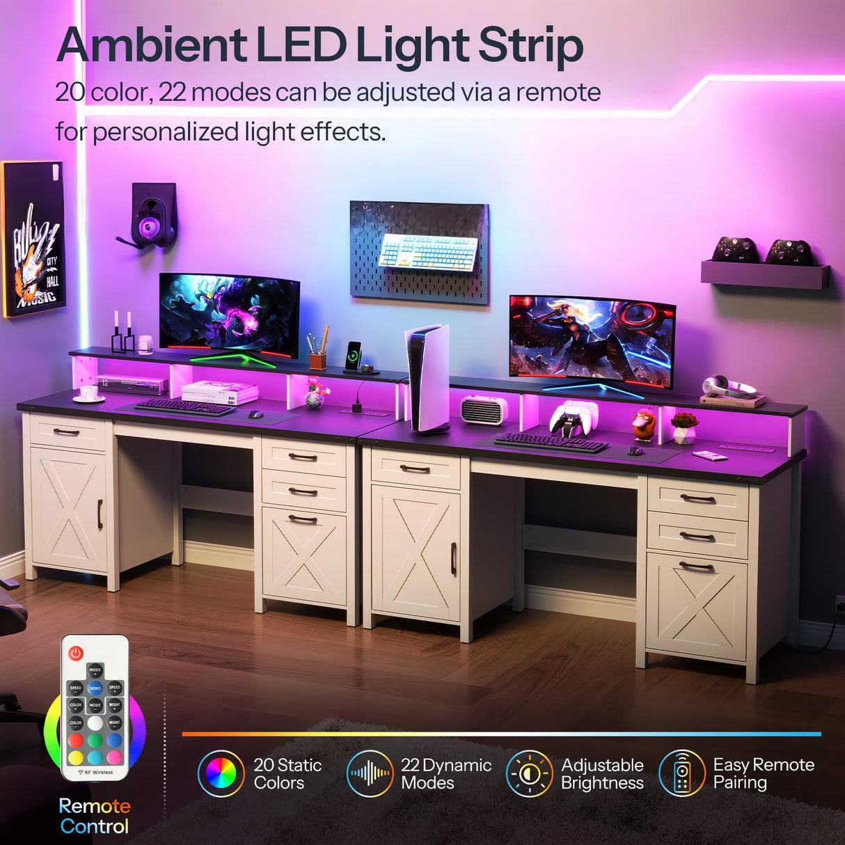 HOOBRO Farmhouse Executive Desk with Drawers, 63" Large Farmhouse Desk with Power Outlet & LED Light, Office Desk with Drawers, Computer Desk with File Cabinet, Writing Desk with Monitor Stand, White HOOBRO