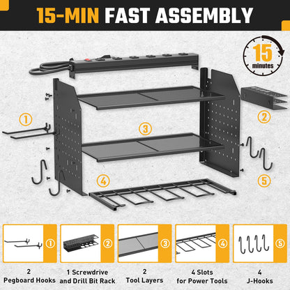 ZESEN Power Tool Organizer with Charging Station, Heavy Duty 3 Layer Drill Holder Wall Mount Garage Shelf Rack with 6 Outlet Power Strip, Tool Shelf with Hooks, Drill Bit Rack for Garage, Black