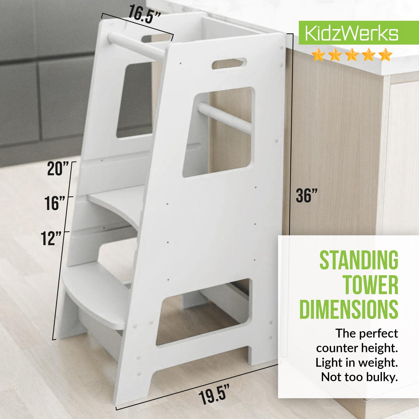 KidzWerks Child Standing Tower Kids Kitchen Step Stool Toddler Wood Stepping Stool - Children's Montessori Stool - Adjustable Platform, Gray