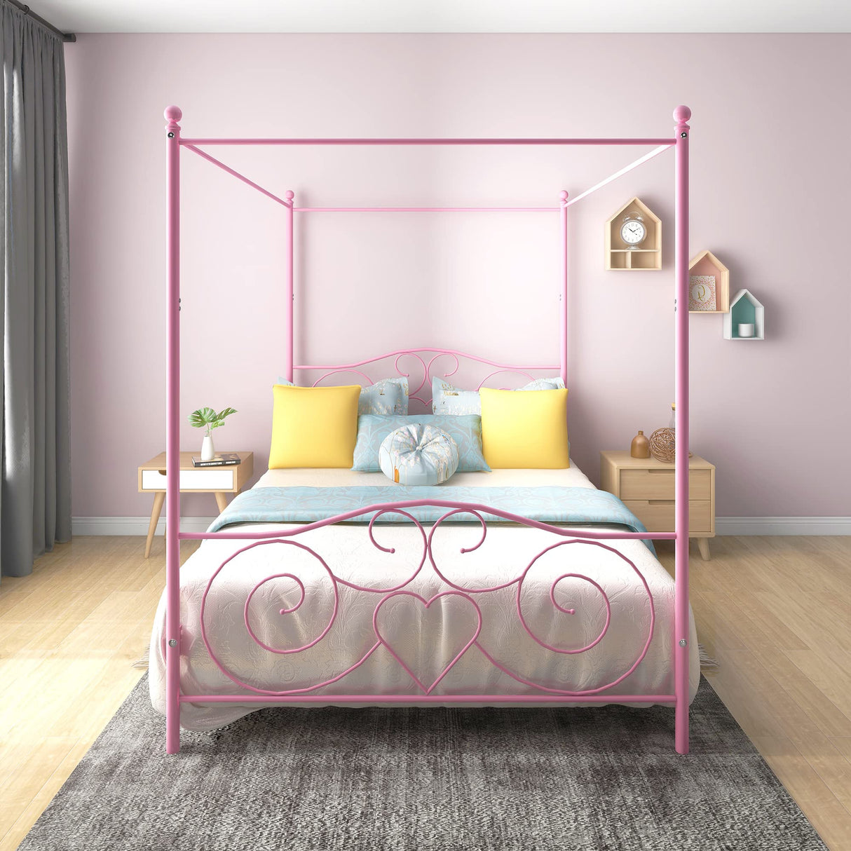 Albearing Canopy Bed Frame Platform Metal Bed Frame Heavy Duty Steel Slat and Support with Headboard and Footboard No Box Spring Required (Queen, Pink) Albearing