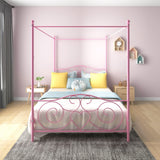 Albearing Canopy Bed Frame Platform Metal Bed Frame Heavy Duty Steel Slat and Support with Headboard and Footboard No Box Spring Required (Queen, Pink) Albearing