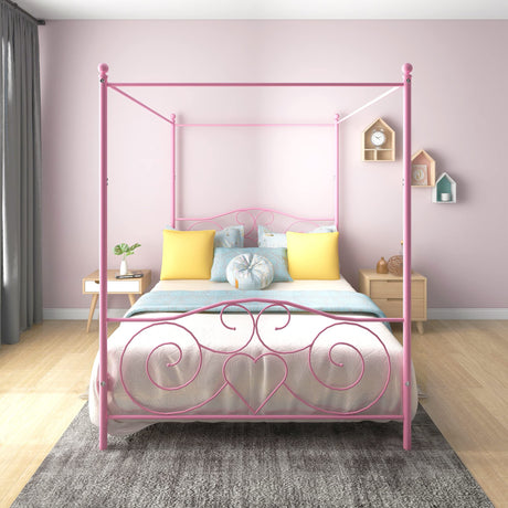 Albearing Canopy Bed Frame Platform Metal Bed Frame Heavy Duty Steel Slat and Support with Headboard and Footboard No Box Spring Required (Queen, Pink) Albearing
