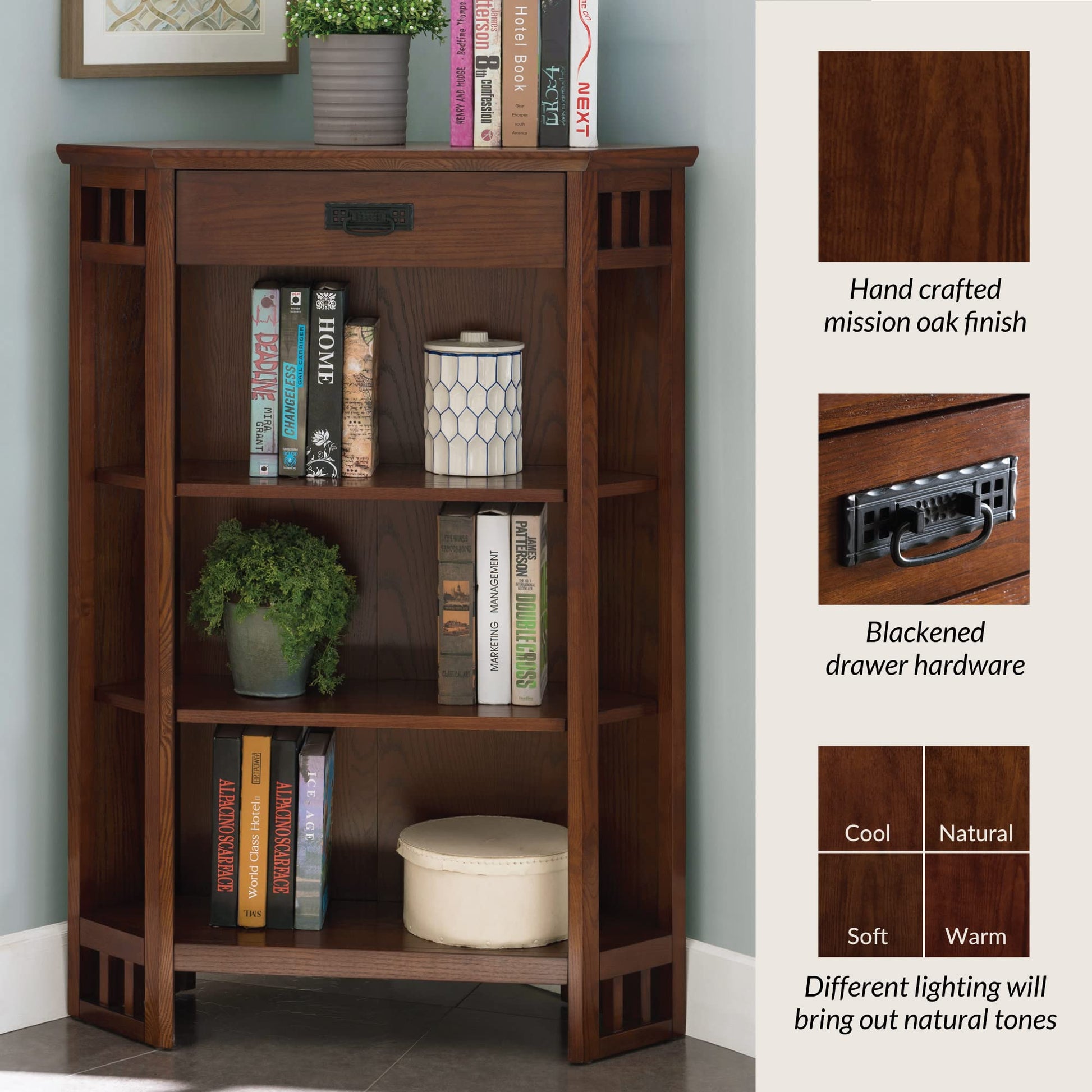 Leick Home Mantel Height Corner Bookcase with Drawer Storage, Made with Solid Wood, for Entryway, Living Rooms, Home Office, Bedroom, Mission Oak Finish, 12"D x 32"W x 50"H, Brownbronze - WoodArtSupply