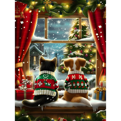 DOMROM Christmas Diamond Painting Kits, Dog and Cat 5D Diamond Art Kits,Gem Art Painting with Diamonds Dots, Arts and Crafts for Beginners Adult Wall Decor 12 x 16inch