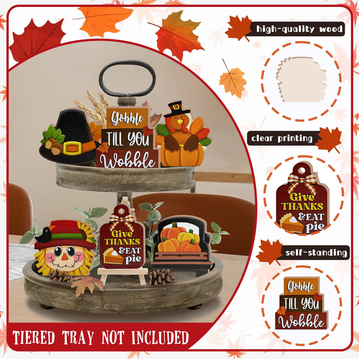 Guoofu 7 Pcs Thanksgiving Tiered Tray Decor, Fall Turkey Pumpkin Truck Scarecrow Farmhouse Wood Decorations Set, Autumn Harvest Give Thanks Rustic Wooden Decorative Signs for Home Table Shelf Guoofu