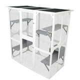 Catio Outdoor Wooden Cat Enclosure, 71" Outdoor Cat House Weatherproof Asphalt Roof, Large Solid Wood Cat Cage with 5 Jumping Platforms & 2 Napping Houses, Walk-in Cat Kennel Condo Shelter White ShiningLove