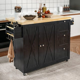 IRONCK Rolling Kitchen Island Cart with Drop-Leaf Countertop, Barn 3Drawers, Barn Door Style Cabine,Thicker Rubberwood Top, Spice Rack, on Wheels, for Kitchen and Dining Room, Black IRONCK