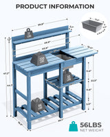 SERWALL Potting Table Outdoor Potting Bench with Sink, HDPE Potting Benches for Outside All Weather Use- Blue SERWALL