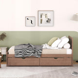 Twin Size Bed Frame with Storage Drawers,Solid Wood Platform Bed with Headboard,Twin Bed Frames for Kids,Teens,Adults,No Spring Needed,Walnut Bellemave