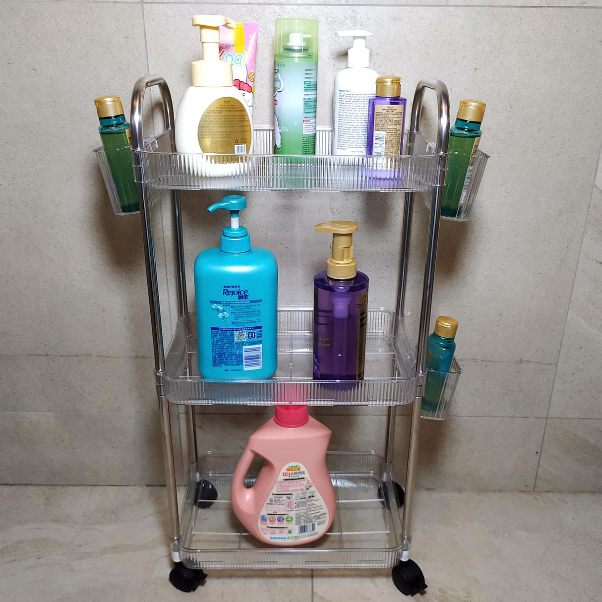 TENBOAT Narrow Places 3 Tier Transparent Bathroom Rolling Storage Cart Clear Toilet Side Storage Shelf Tight Spaces Organizer Rack Mobile Shelving Unit with Wheels Utility Cart (Mini Size) TENBOAT