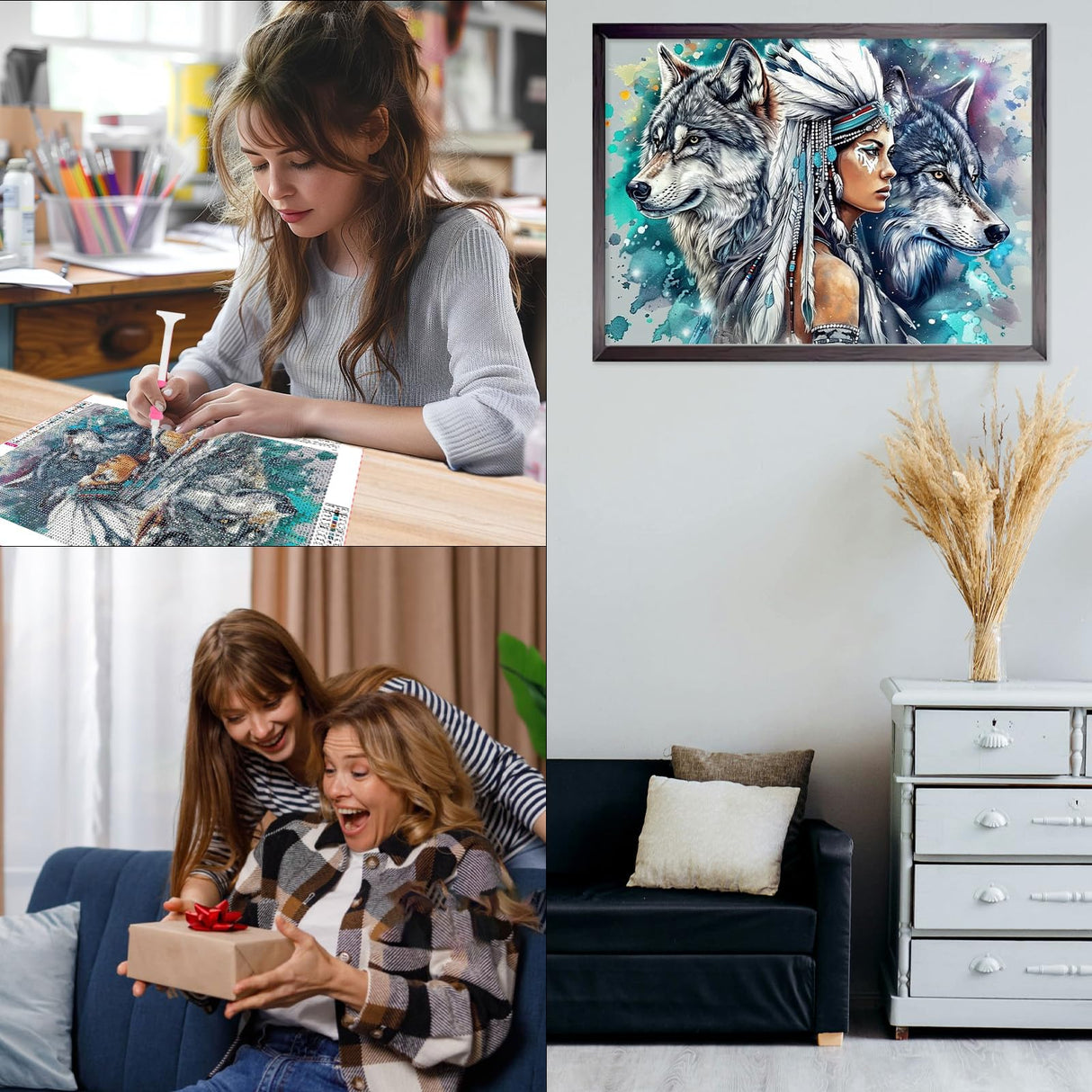 CEOVR Wolf Diamond Painting Kits for Adults, Woman and Wolves Diamond Art Dots 5D Full Drill DIY Gem Art for Beginner, Adult Crafts Kits Arts and Crafts, Wall Decor for Home Office 16x12in CEOVR