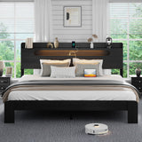 QNICE Wooden King Size Bed Frame with Storage Headboard & Charging Station, Farmhouse Platform Bedframe with LED Lights & Metal Slats Support, Easy Assembly (Rustic Black) QNICE