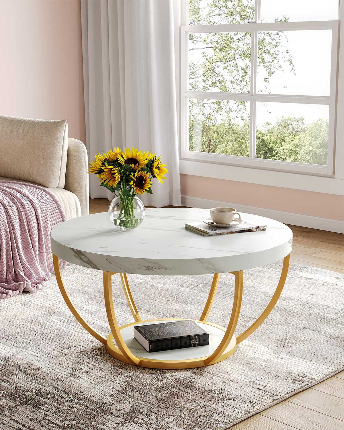 LITTLE TREE Round Coffee Table, 32" Circle Faux Marble Coffee Tables for Living Room, 2-Tier Golden Metal Legs Accent Center Table with Open Storage Modern Design Home Furniture (White and Gold) LITTLE TREE