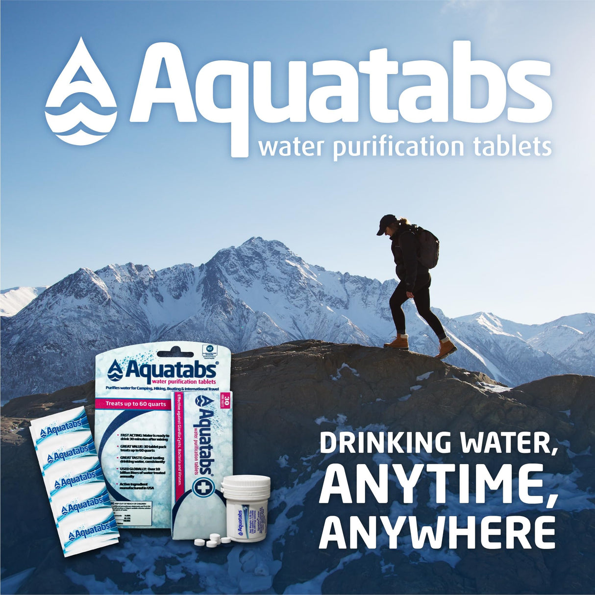 Aquatabs 397mg Water Purification Tablets (100 Pack). Water Filtration System for, Camping, Boating, Emergencies, Survival, RVs, and Marine-Use. Easy to Use Treatment and Disinfection. Aquatabs