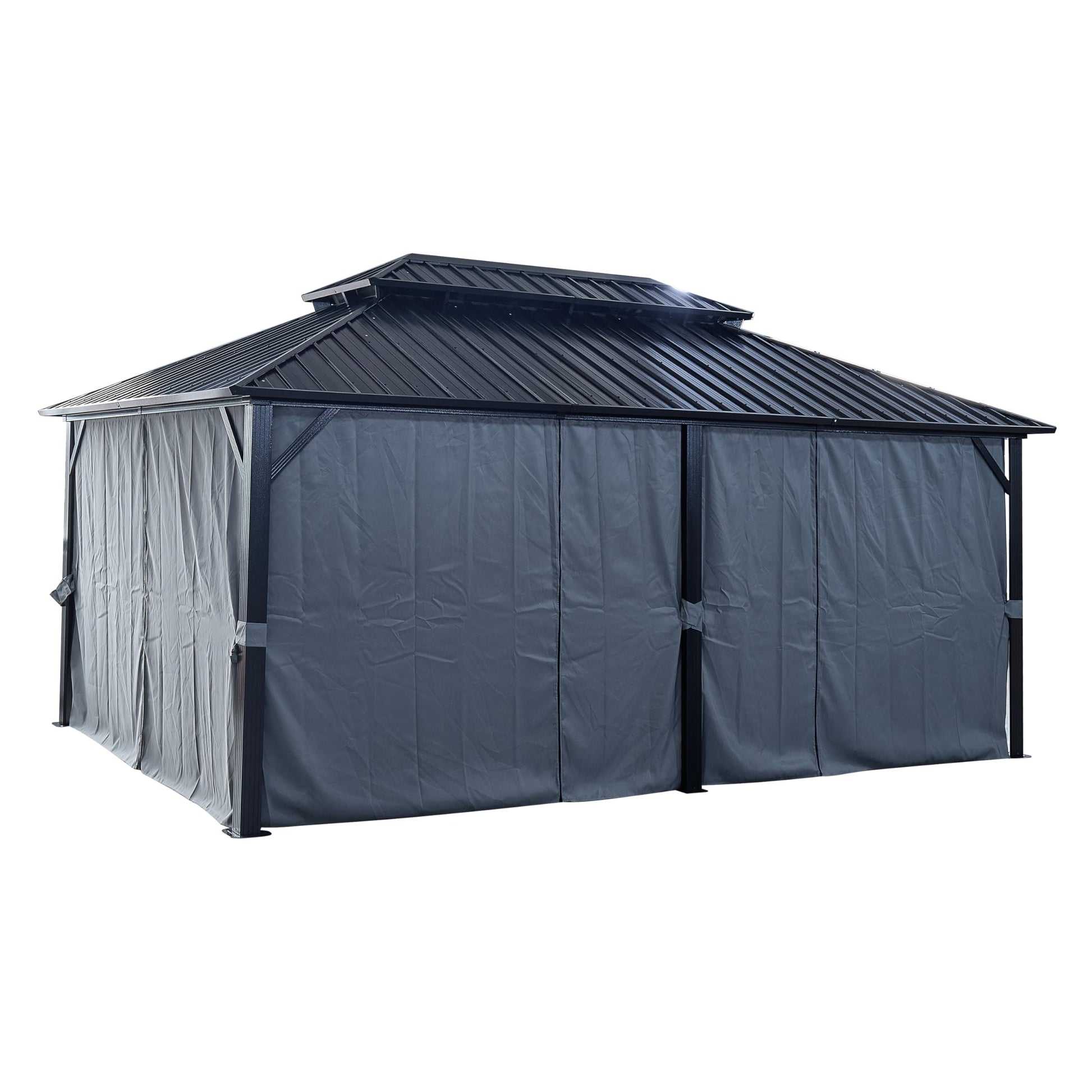 YUHAIFENG 12x18ft Hardtop Gazebo with Nettings and Curtains, Heavy Duty Double Roof Galvanized Steel Outdoor Combined of Vertical Stripes Roof for Patio, Backyard, Black - WoodArtSupply