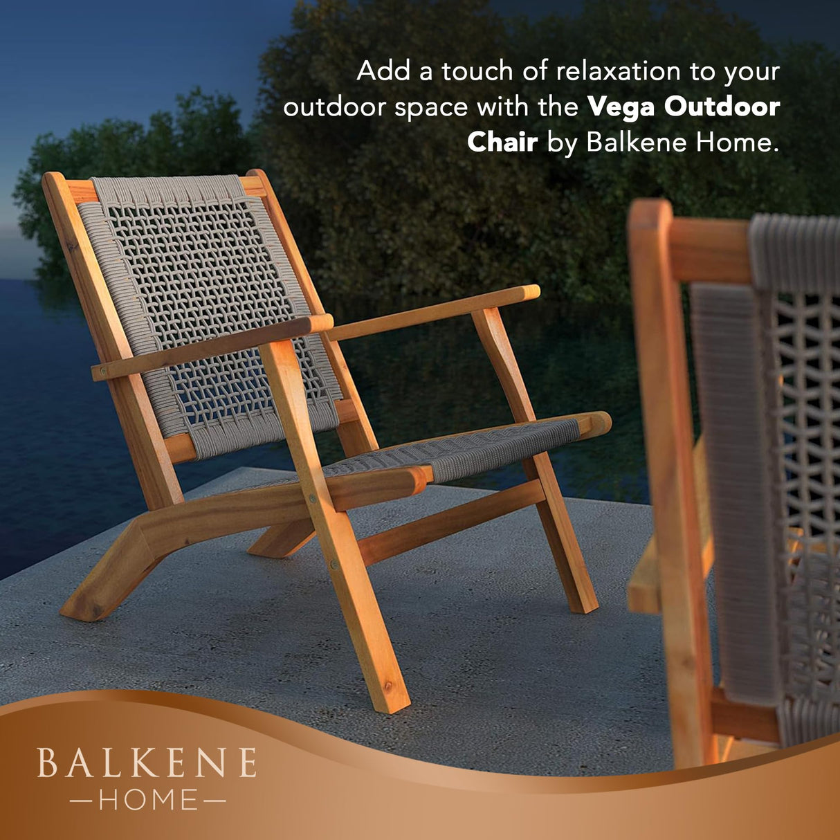 Patio Sense 62773 Vega Natural Stain Outdoor Chair Acacia Wood Construction Hand Woven Seat Mid Century Design Comfortable Reclining Armchair Patio Lawn Garden Backyard Deck - Ecru Cording Patio Sense