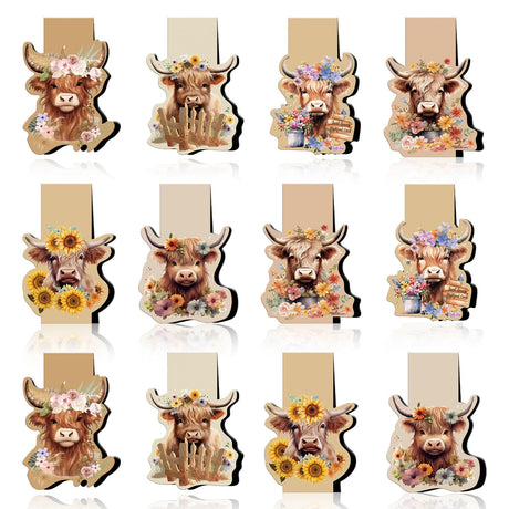 Wxiben Highland Cow Magnetic Bookmark - 12 Pcs Funny Animal Bookmarks Magnetic Floral Book Mark Magnets Cute Cow Magnets Bookmark Page Clip Gift for Book Lovers Students Teacher Reading Book Marks Wxiben
