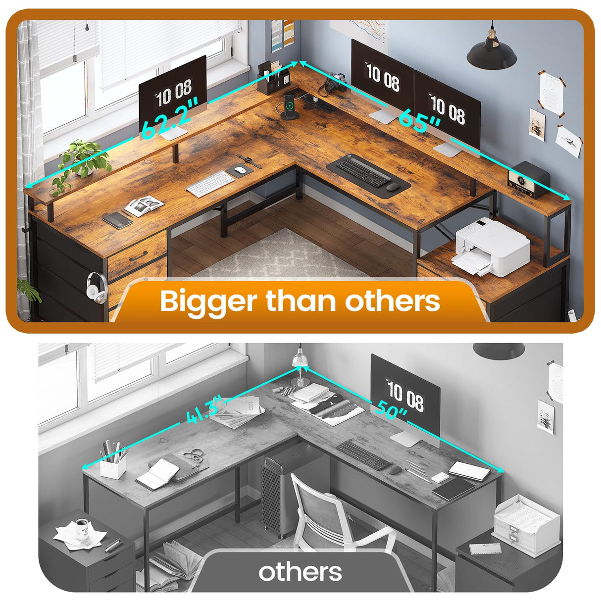 SEDETA L Shaped Desk with 6 Drawer, 108" Home Office Desk with File Drawer & Power Outlet, Corner Computer Desk with Monitor Shelf, Two Person Desk, Gaming Desk with Led Lights, Rustic Brown SEDETA