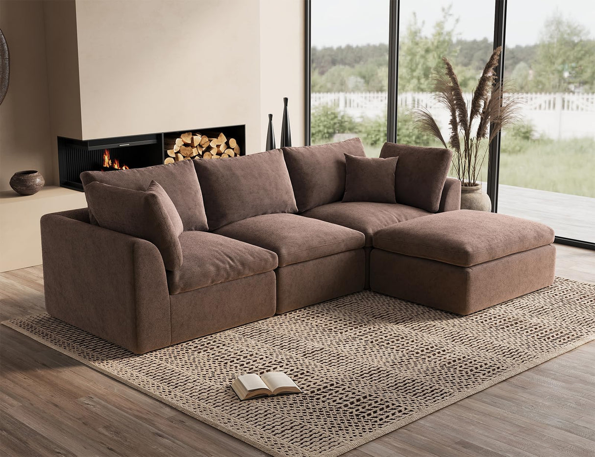 ohllob 110" Cloud Sectional Couches for Living Room, Boneless L-Shape Couch with Ottoman, 3 Seater Modular Sectional Sofa, Brown ohllob