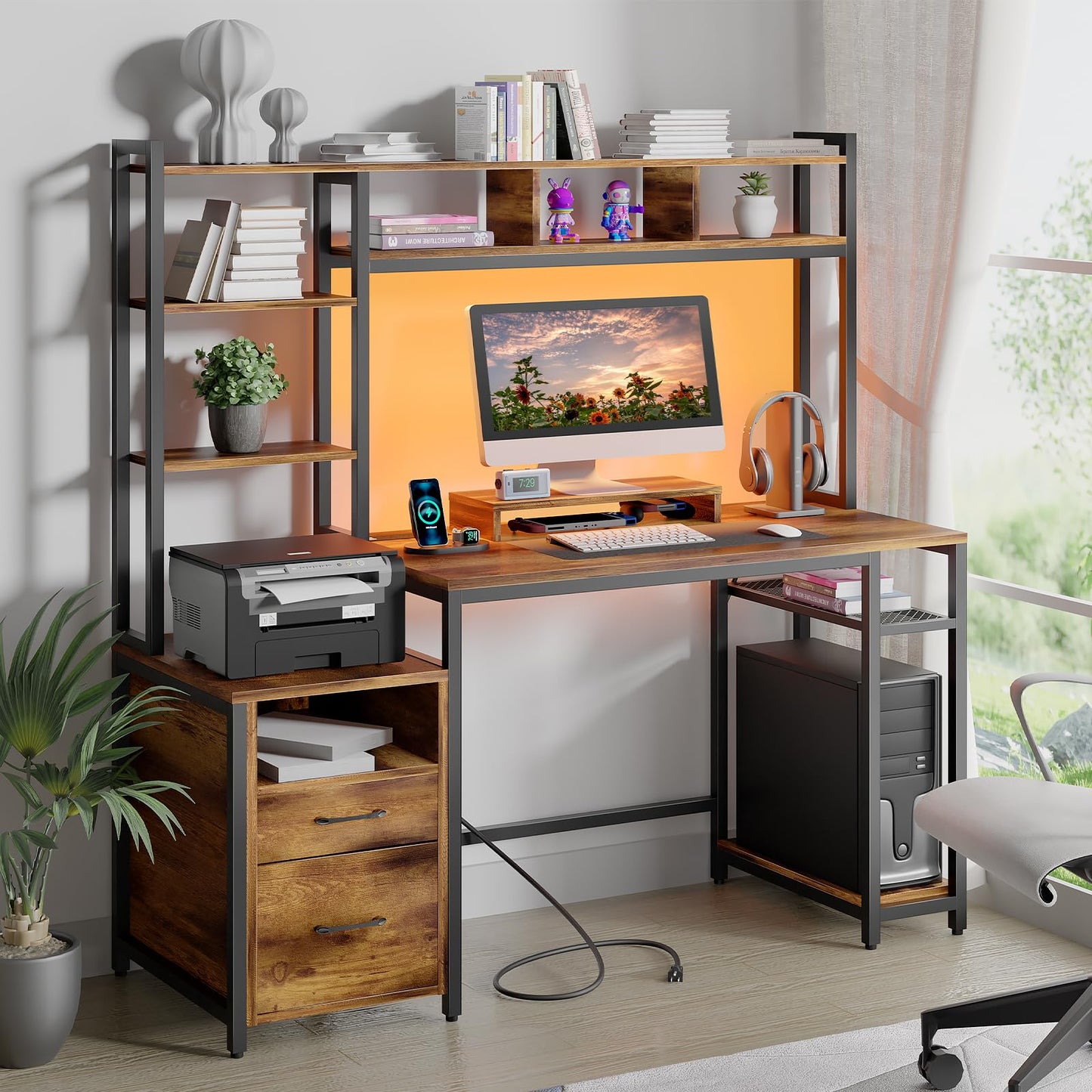 Vabches Computer Desk with Shelves 2 Drawers, Home Office Desk with Charging Station and LED Lights, 59" Desk with Hutch Monitor Stand Study Writing Table Laptop Workstation (Rustic Brown) - WoodArtSupply