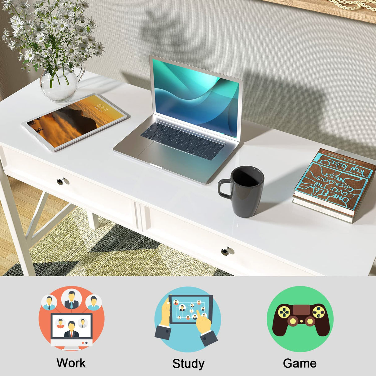 White Computer Desk with 2 Drawers, Modern Makeup Vanity Desk with Storage, Writing Desk for Home Office, 42'' Long Study Simple White Desk for Bedroom Console Table Living Room Lewahom