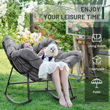 Kromax Oversized Outdoor Papasan Rocking Chair, Wicker Egg Chair Rocker for Outside, Comfy Patio Rocker, Large Indoor Rocking Recliner, Modern Egg Style, Grey Kromax