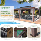 EROMMY 14' x 20' Hardtop Gazebo, Wooden Finish Coated Aluminum Frame Canopy with Double Galvanized Steel Roof, Outdoor Permanent Metal Pavilion with Curtains and Nettings for Patio,Garden, Backyard EROMMY
