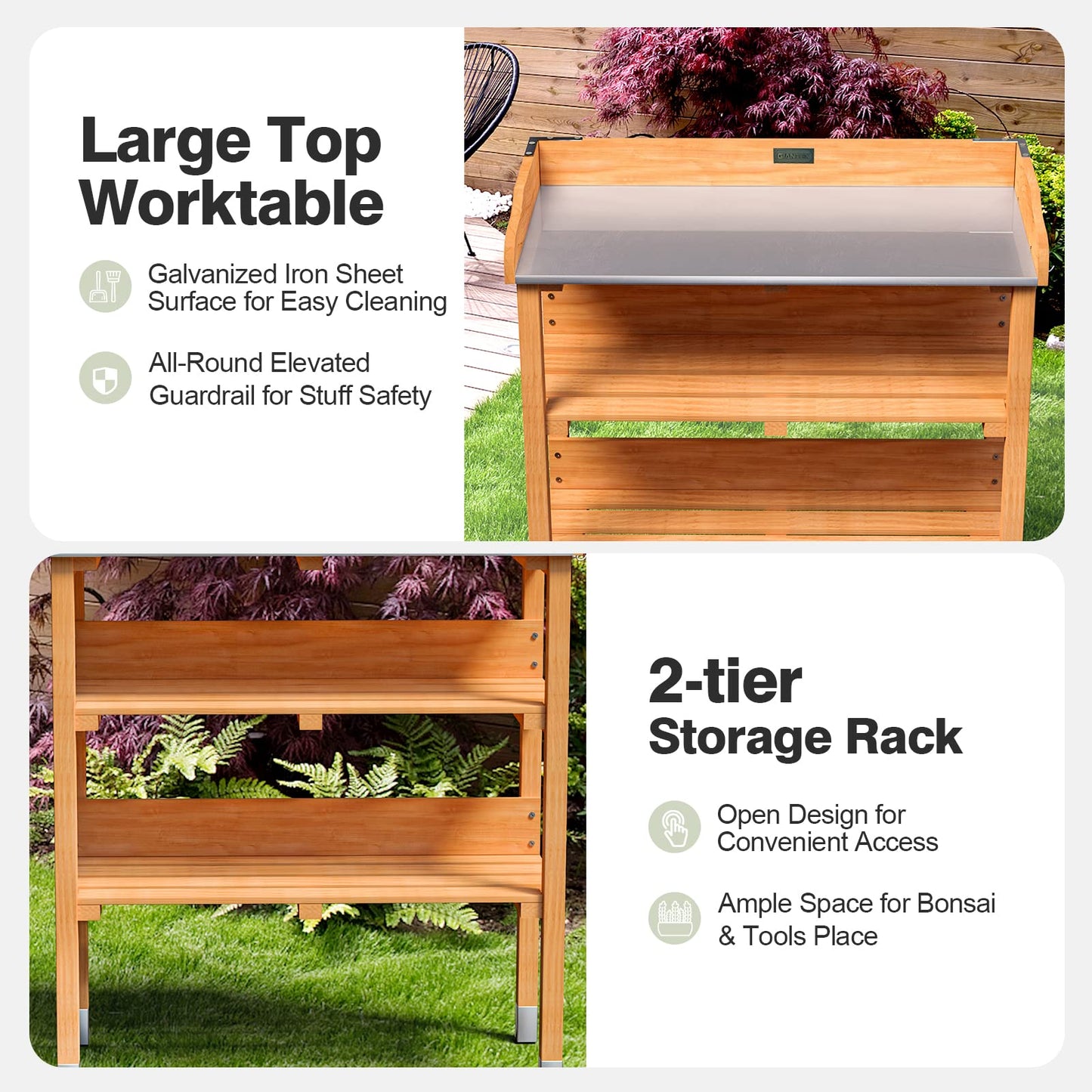 OFFICEJOY Outdoor Potting Bench, 3 Tier Wooden Garden Workstation Table w/Iron Tabletop, 2 Wood Shelf, 5 Hooks, Multifuction Work Station Table Rack for Garden, Backyard, Kitchen, Garage (Dee - WoodArtSupply