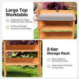 OFFICEJOY Outdoor Potting Bench, 3 Tier Wooden Garden Workstation Table w/Iron Tabletop, 2 Wood Shelf, 5 Hooks, Multifuction Work Station Table Rack for Garden, Backyard, Kitchen, Garage (Deep Oak) OFFICEJOY
