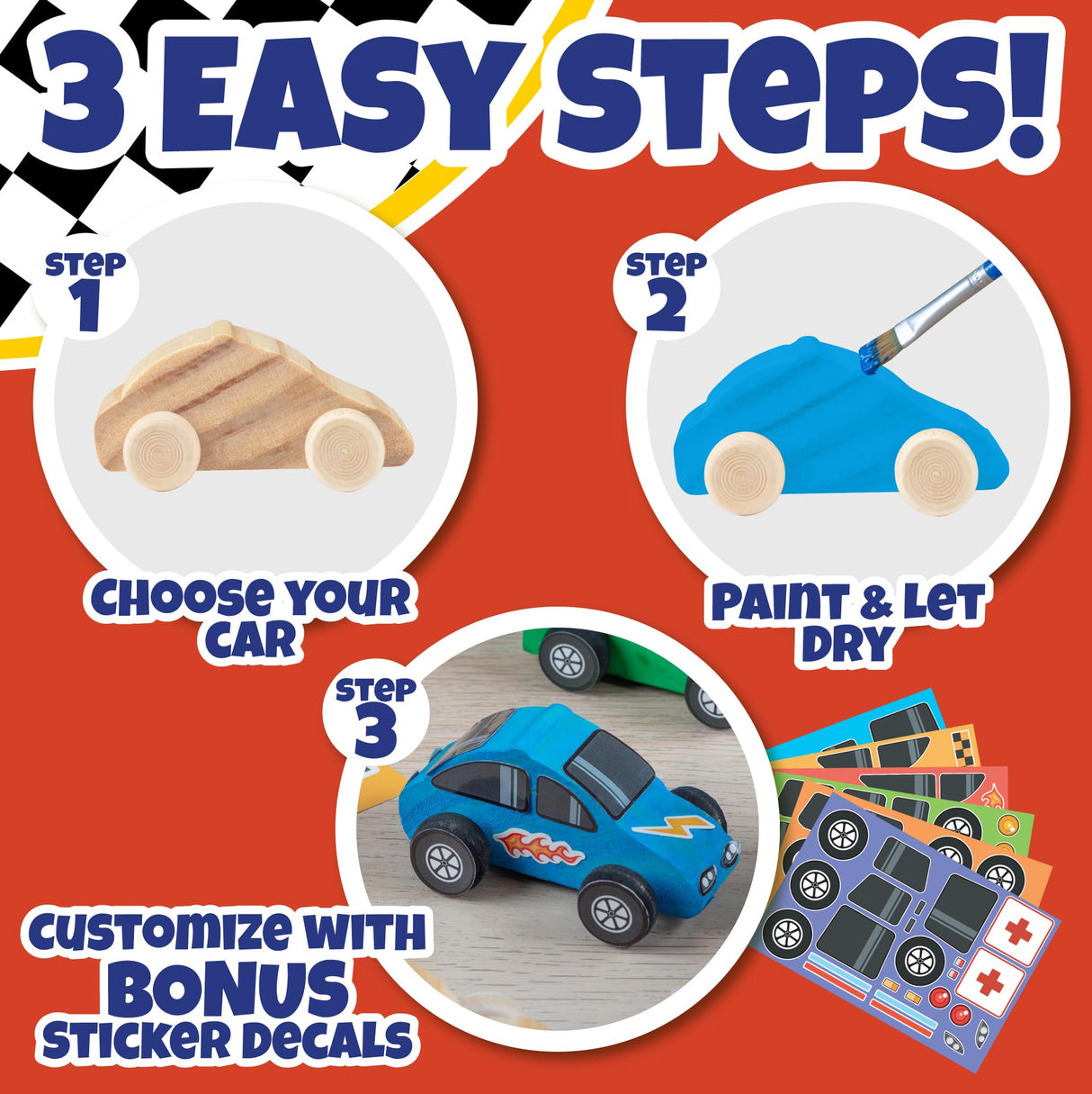 Kids Party Wood Painting Craft Kits (12ct) 3-D Cars - Each Kit Has its Own Brush, Paint, & Figure- 6 Designs Include Taxi, Trucks & More w Bonus Customizable Sticker Decals- Summer Camp Party Activity SCS Direct