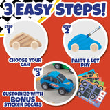 Kids Party Wood Painting Craft Kits (12ct) 3-D Cars - Each Kit Has its Own Brush, Paint, & Figure- 6 Designs Include Taxi, Trucks & More w Bonus Customizable Sticker Decals- Summer Camp Party Activity SCS Direct